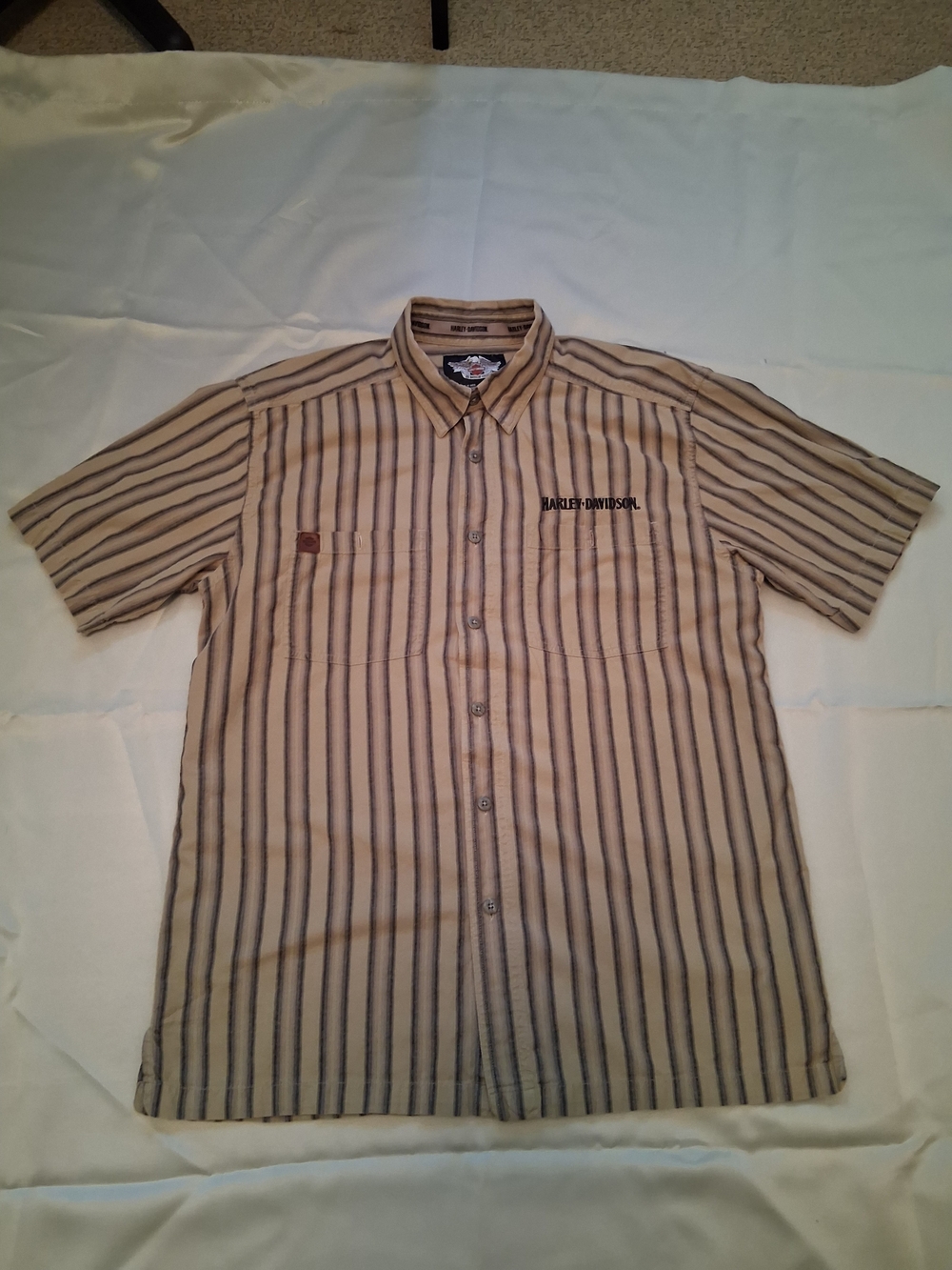 2-Harley-Davidson Men's Striped Button-Up Shirt Tan Short/ Black Long Sleeves L